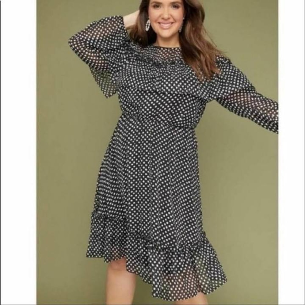 Lane Bryant Polka Dot Ruffle Fit & Flare Long Sleeve Dress - Size 24